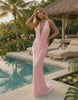 Lyra Maxi Dress by Lauven with draped silhouette in soft pink finish, perfect for elegant occasions.