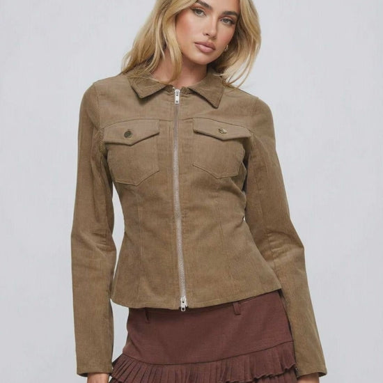 Brown Zip Jacket by Lauven - Women's slim fit cord jacket with classic lapel collar and full zipper.