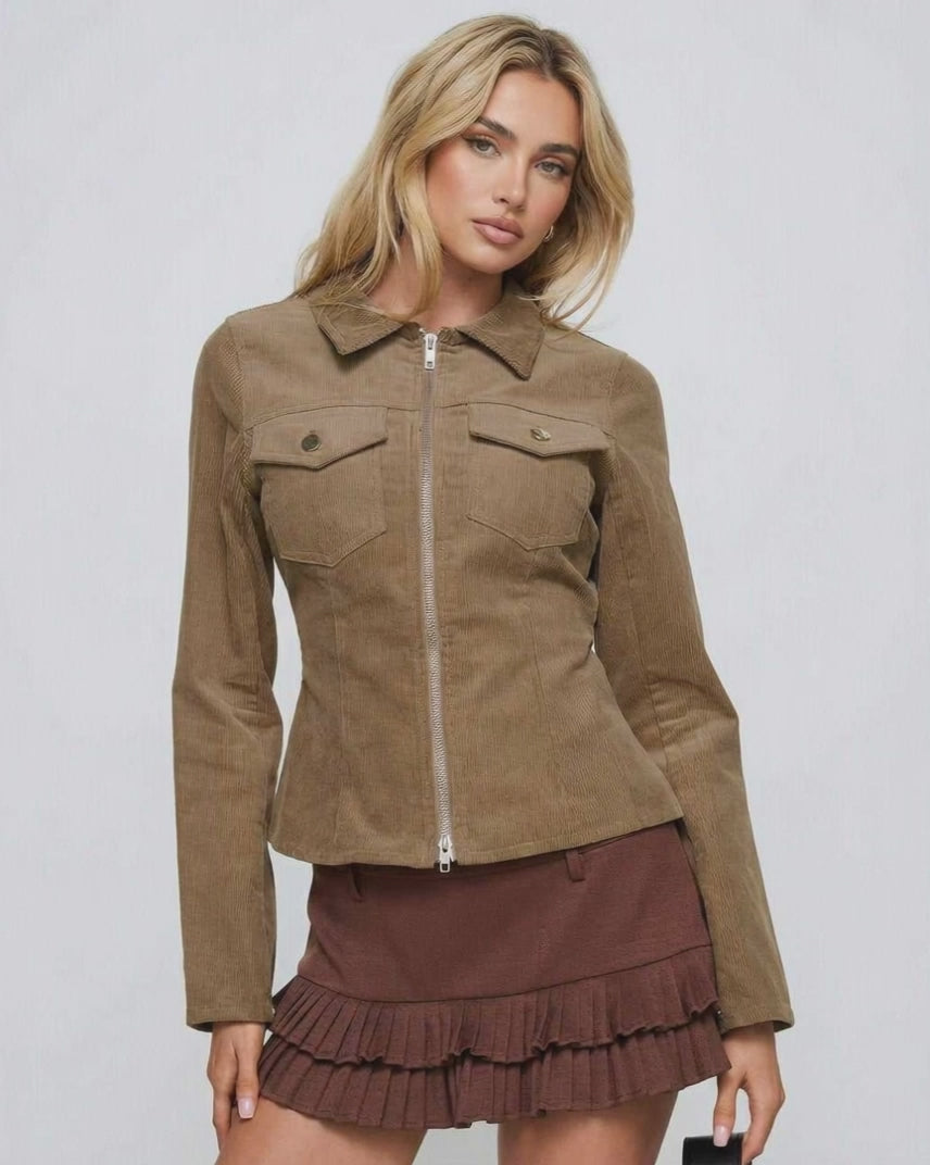Brown Zip Jacket by Lauven - Women's slim fit cord jacket with classic lapel collar and full zipper.
