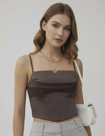 Luna Corset Top by Lauven in elegant satin structure, showcasing a modern silhouette with a luxurious sheen.