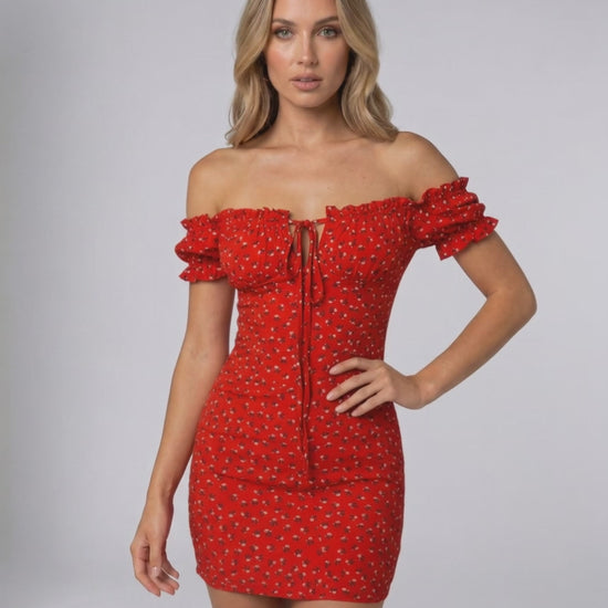 Rosalia Mini Dress by Lauven – Red Floral Off Shoulder Mini Dress with structured bodice and romantic style.