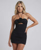 Noir Mini Dress by Lauven in sleek black fabric, featuring a halter neck and cut-out detail perfect for summer.