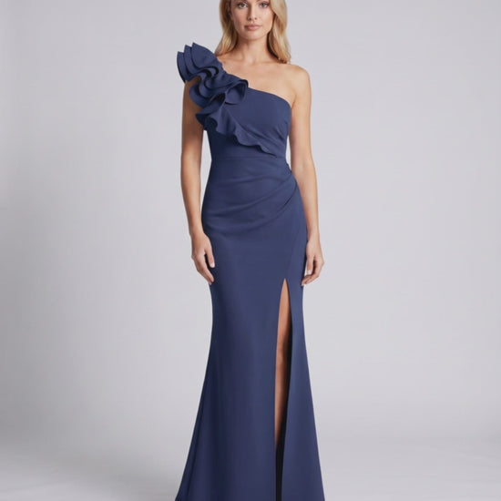 Aurelium Maxi Dress in navy, featuring one-shoulder design and layered wavy detailing, by Lauven.