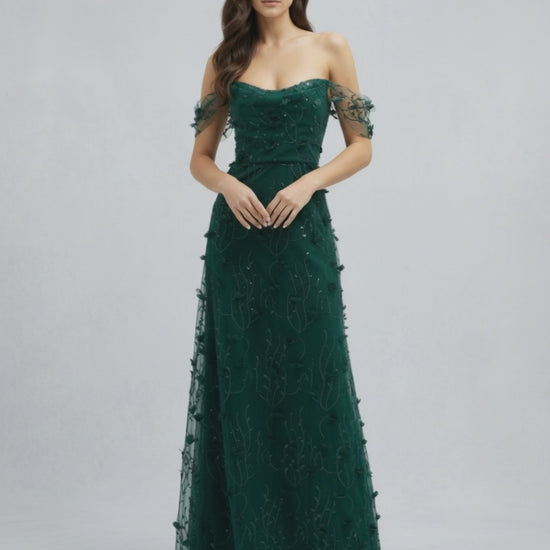 Elaris Maxi Dress - Green Lace Maxi Dress with Off Shoulder Tulle Sleeves by Lauven, elegant and romantic evening wear.