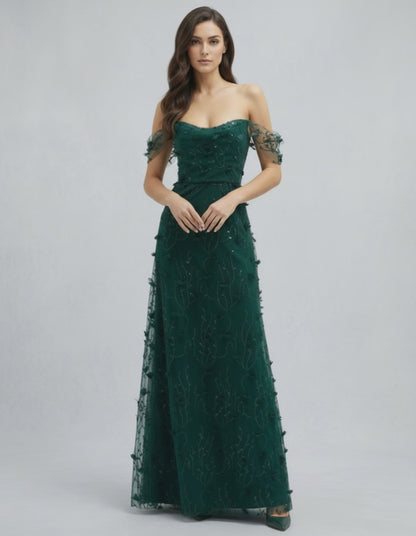 Elaris Maxi Dress - Green Lace Maxi Dress with Off Shoulder Tulle Sleeves by Lauven, elegant and romantic evening wear.