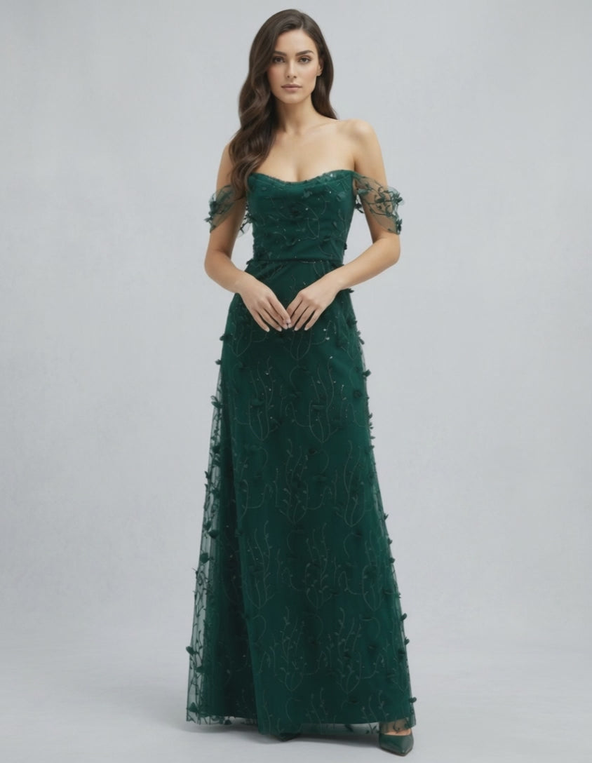 Elaris Maxi Dress - Green Lace Maxi Dress with Off Shoulder Tulle Sleeves by Lauven, elegant and romantic evening wear.