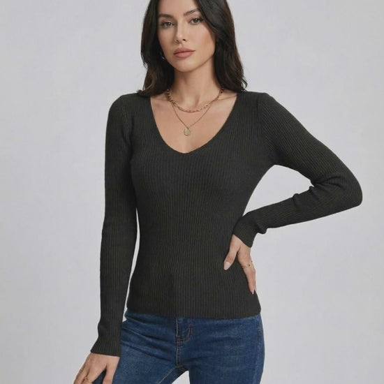 Monaco Pullover by Lauven - Women’s V-neck pullover sweater in a slim fit with long sleeves and ribbed texture.
