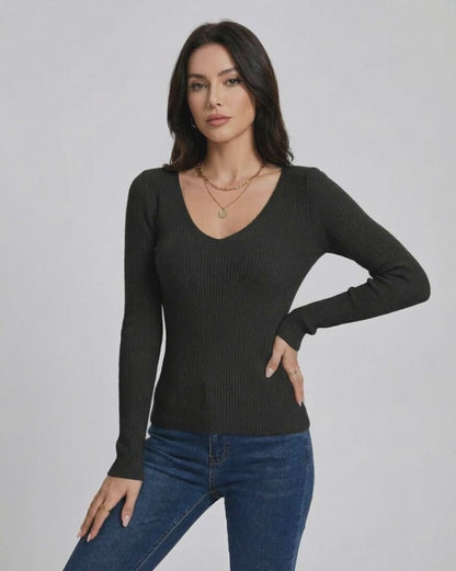 Monaco Pullover by Lauven - Women’s V-neck pullover sweater in a slim fit with long sleeves and ribbed texture.