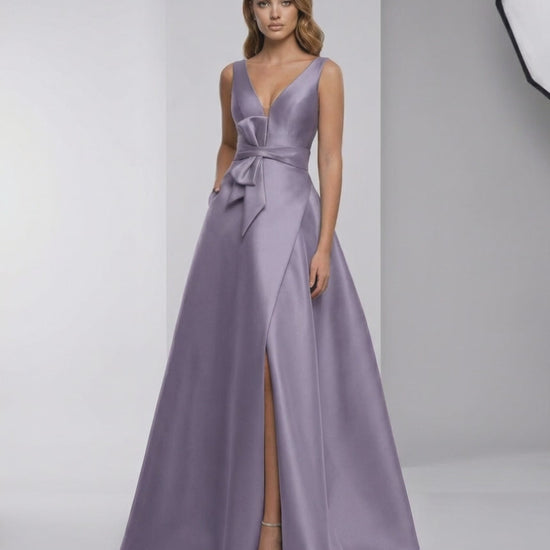 Lunara Maxi Dress - Lavender satin A-Line V-neck evening dress with a chic bow and elegant split, by Lauven.