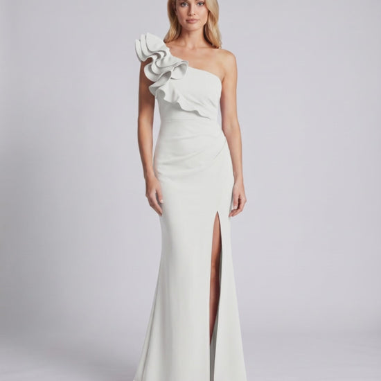Aurelium Maxi Dress featuring smooth stretch fabric and one-shoulder design by Lauven, highlighted with wavy detailing.