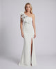 Aurelium Maxi Dress featuring smooth stretch fabric and one-shoulder design by Lauven, highlighted with wavy detailing.