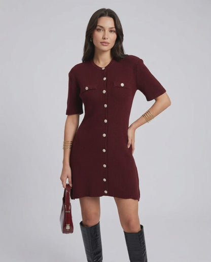 Viera Mini Dress by Lauven, a chic burgundy knit dress with button closure and short sleeves.
