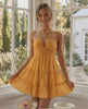Marbella Mini Dress - Halter V Neck in Mustard Orange, tiered ruffle skirt by Lauven, perfect for breezy seasonal styling.