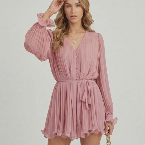 Mirabel Mini Dress by Lauven in romantic dusty rose pleated chiffon, featuring flowing fabric and elegant style.