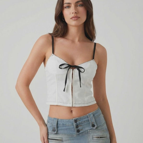 Arden Top by Lauven - White camisole with black bow detail for stylish everyday wear.