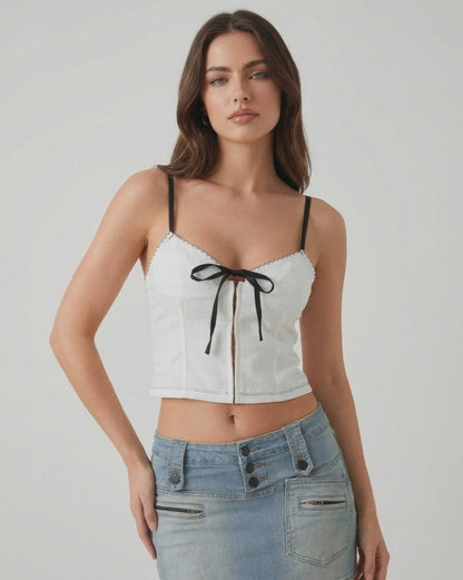 Arden Top by Lauven - White camisole with black bow detail for stylish everyday wear.