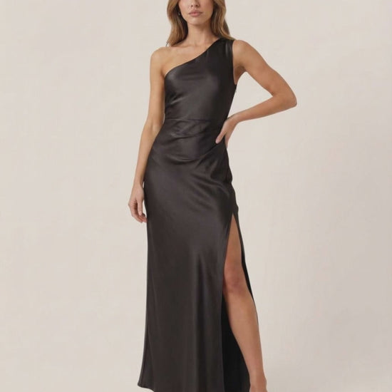 Noire Maxi Dress featuring a sleek one-shoulder silhouette in black satin by Lauven, perfect for elegant occasions.