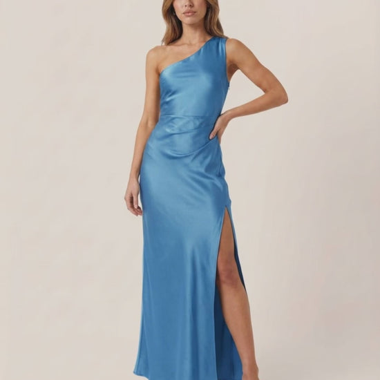 Azure Maxi Dress - Elegant satin one-shoulder gown in striking blue by Lauven, perfect for formal wear.