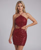 Sienna Mini Dress by Lauven, sequined cutout silhouette, high-waist, halter neckline, sleek body-contouring fit.