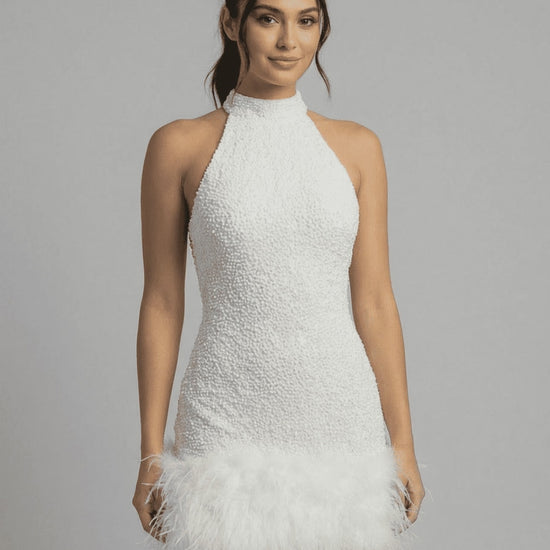 Alt Tag: Bianca Mini Dress by Lauven, white sequin halter bodycon with fuzzy hem, perfect for special occasions.