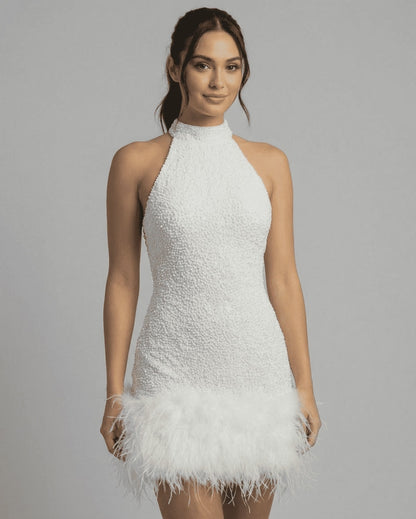 Alt Tag: Bianca Mini Dress by Lauven, white sequin halter bodycon with fuzzy hem, perfect for special occasions.