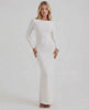 Lauven Celeste Maxi Dress in elegant white with long sleeves and open back, perfect for formal occasions.