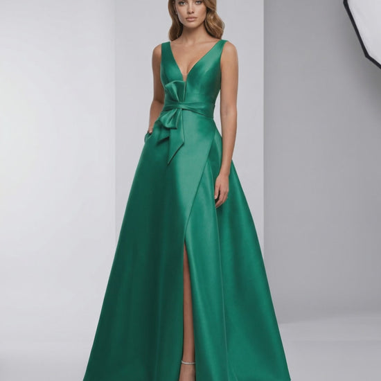 Siena Maxi Dress styled in green satin, featuring A-line silhouette, V-neckline, and elegant bow detail by Lauven.