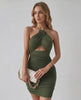 Aurelia Mini Dress in olive green, featuring halter neckline, soft ruching, and bodycon fit by Lauven.