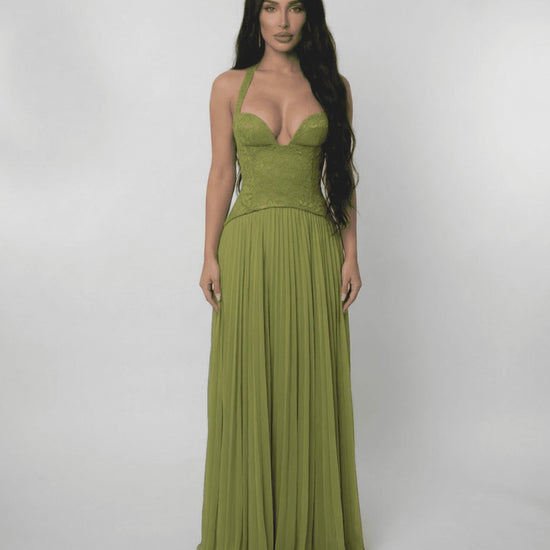 Verdant Maxi Dress by Lauven featuring a lace bodice and pleated skirt in olive green, perfect for formal occasions.