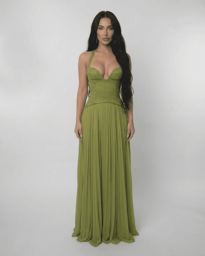 Verdant Maxi Dress by Lauven featuring a lace bodice and pleated skirt in olive green, perfect for formal occasions.