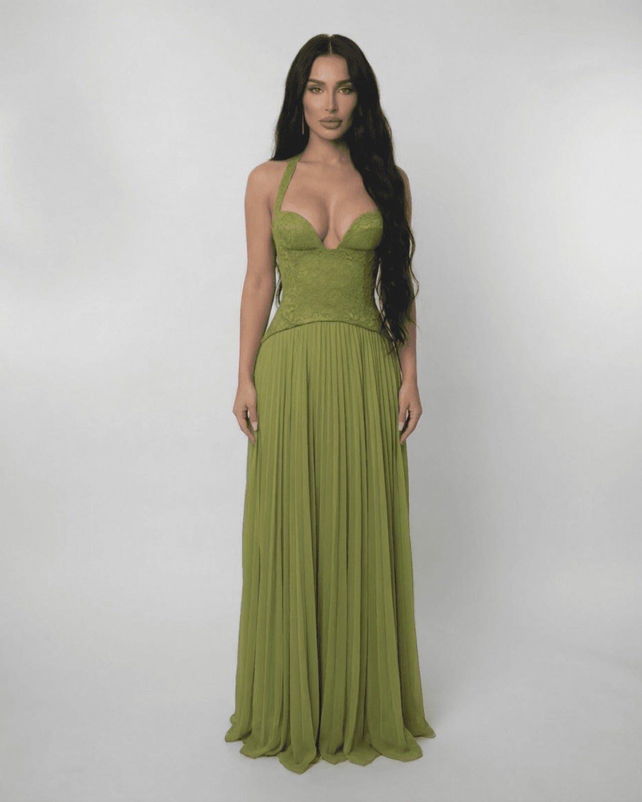 Verdant Maxi Dress by Lauven featuring a lace bodice and pleated skirt in olive green, perfect for formal occasions.