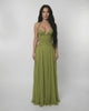Verdant Maxi Dress by Lauven featuring a lace bodice and pleated skirt in olive green, perfect for formal occasions.