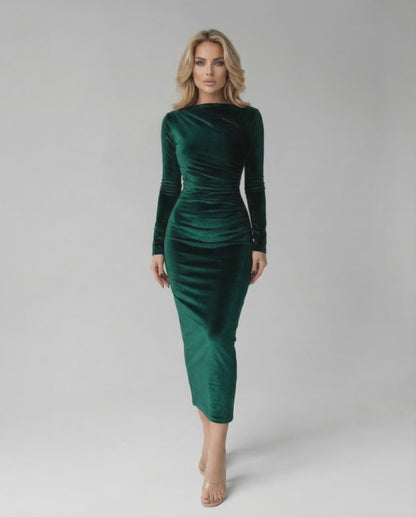 Emerald Midi Dress by Lauven — Elegant green long-sleeve dress with ruched detailing for a chic silhouette.