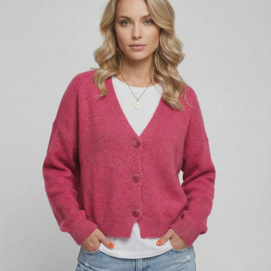 Rosea Cardigan by Lauven - Vibrant pink knitwear with relaxed fit and button-down front, perfect for modern style.