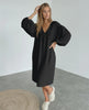 Noir Midi Dress by Lauven, black cotton dress with puff sleeves, v neck, elegant and comfortable for modern style.