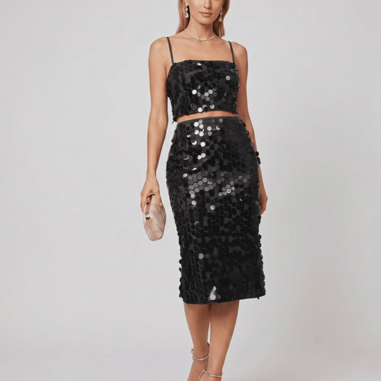 Lustra Sequin Set featuring a high-shine cropped top and midi skirt, ideal for glamorous evening wear by Lauven.