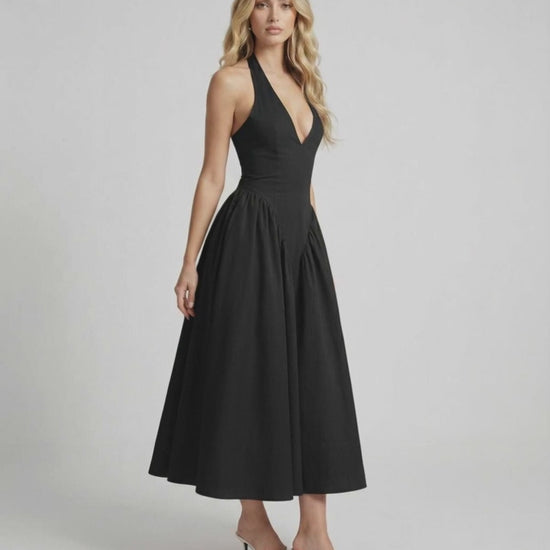 Noir Midi Dress featuring halter neck elegance and backless silhouette by Lauven, perfect for a sleek and sophisticated look.