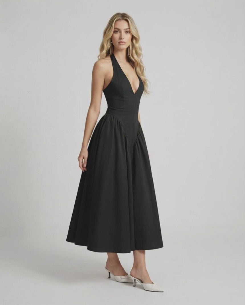 Noir Midi Dress featuring halter neck elegance and backless silhouette by Lauven, perfect for a sleek and sophisticated look.