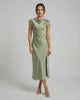 Virgo Midi Dress in soft sage green, featuring sleek satin fabric, twisted-back, and elegant cowl neck by Lauven.