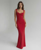 Scarlet Maxi Dress by Lauven — Sleek spaghetti strap silhouette in vibrant red, featuring a chest-wrapping design.