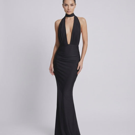 Nyx Maxi Dress - Black halter maxi dress with deep plunge, open back by Lauven, combining elegance and comfort.