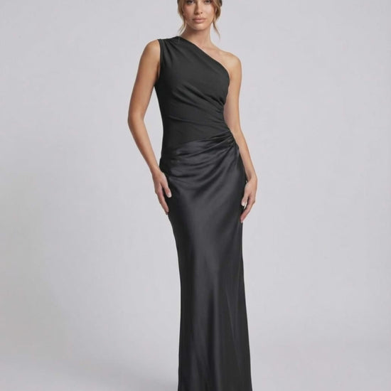 Noelle Maxi Dress, black one shoulder design, smooth polyester, high waist silhouette by Lauven.