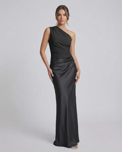 Noelle Maxi Dress, black one shoulder design, smooth polyester, high waist silhouette by Lauven.