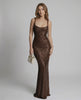 Sienna Maxi Dress - Brown sequined bodycon maxi dress with open back detail, by Lauven, showcasing a sleek silhouette.