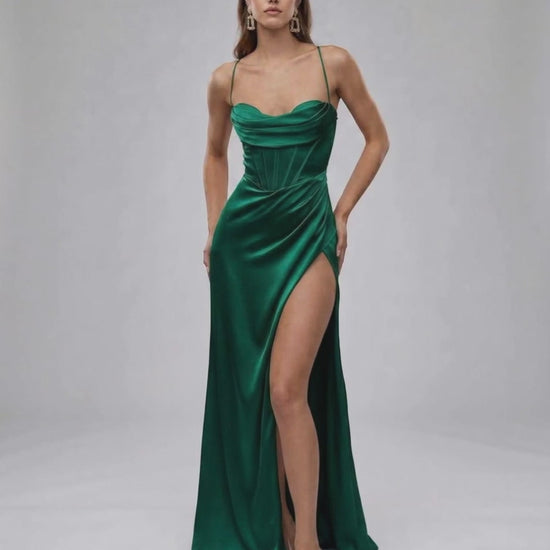 Celeste Maxi Dress in emerald satin with high slit, elegant design by Lauven for a sophisticated look.