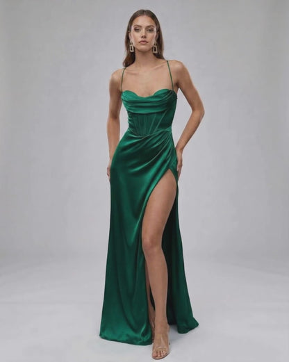 Celeste Maxi Dress in emerald satin with high slit, elegant design by Lauven for a sophisticated look.