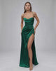 Celeste Maxi Dress in emerald satin with high slit, elegant design by Lauven for a sophisticated look.