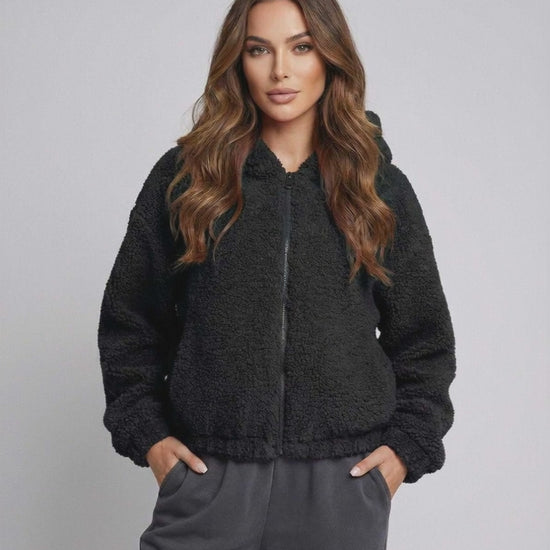 Aspen Jacket by Lauven - Women's black hooded fleece jacket, zip up with soft texture for comfort.