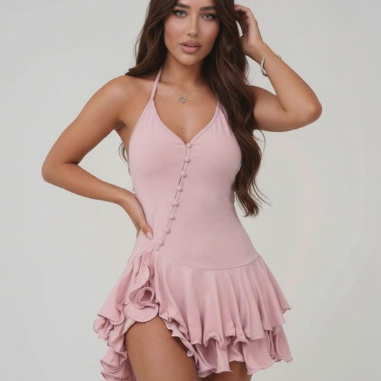 Elara Mini Dress by Lauven, pink bodycon dress featuring ruffle hem and halter neck silhouette.