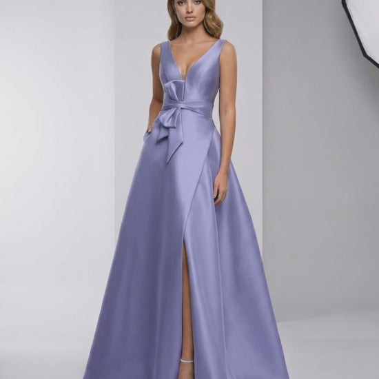 Solenne Maxi Dress in lavender satin, A-line V-neck, floor-length, elegant evening style, Lauven brand.
